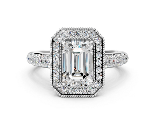 White gold Emerald Cut Halo Diamond Pave Band with Four-Prong Setting