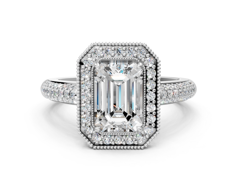 White gold Emerald Cut Halo Diamond Pave Band with Four-Prong Setting