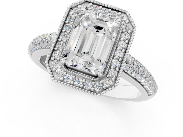 White gold Emerald Cut Halo Diamond Pave Band with Four-Prong Setting