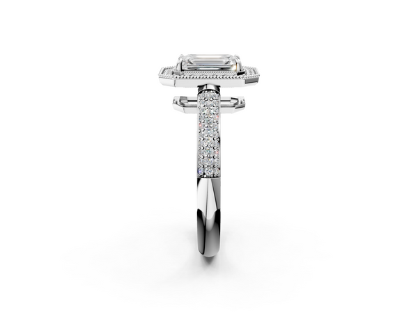 White gold Emerald Cut Halo Diamond Pave Band with Four-Prong Setting