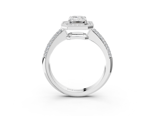 White gold Emerald Cut Halo Diamond Pave Band with Four-Prong Setting