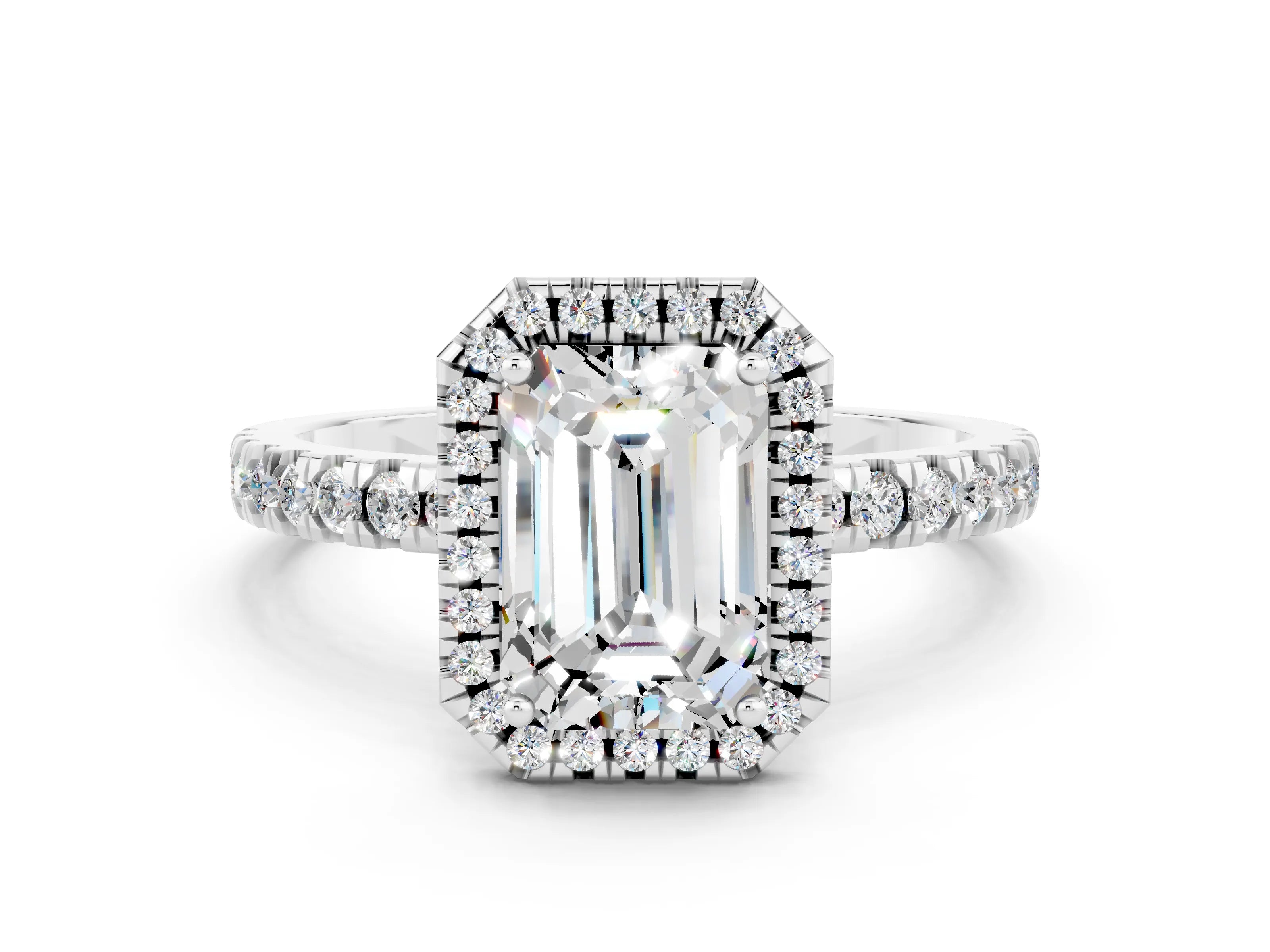 White gold Emerald Cut Halo Diamond Pave Band with Prong Setting