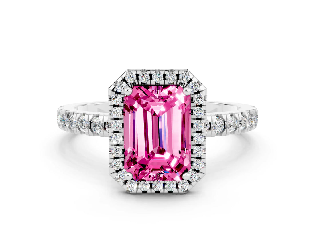 White gold Emerald Cut Halo Diamond Pave Band with Prong Setting