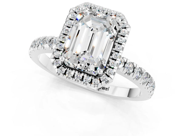 Platinum Emerald Cut Moissanite Classic Halo Engagement Ring with Round Pavé Band and Prong Setting