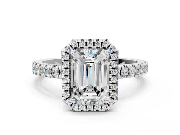 White gold Emerald Cut Halo Diamond Pave Band with Prong Setting