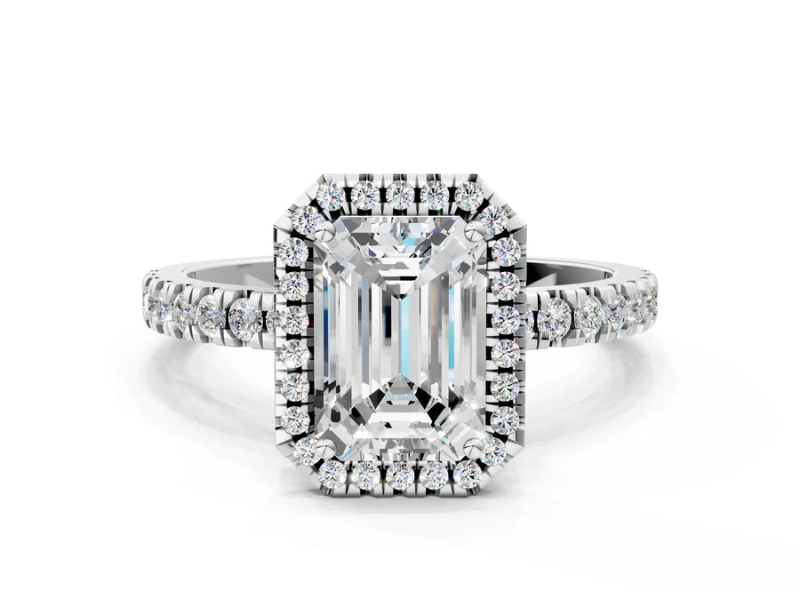 White gold Emerald Cut Halo Diamond Pave Band with Prong Setting