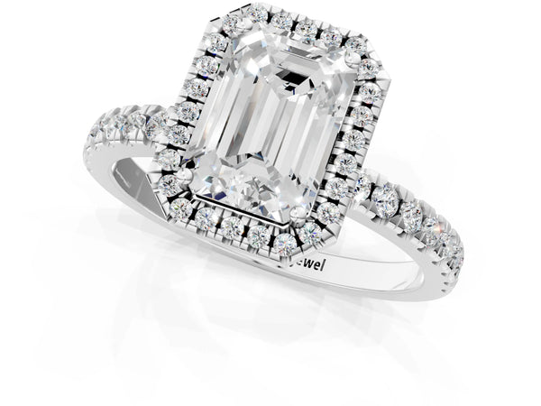 White gold Emerald Cut Halo Diamond Pave Band with Prong Setting