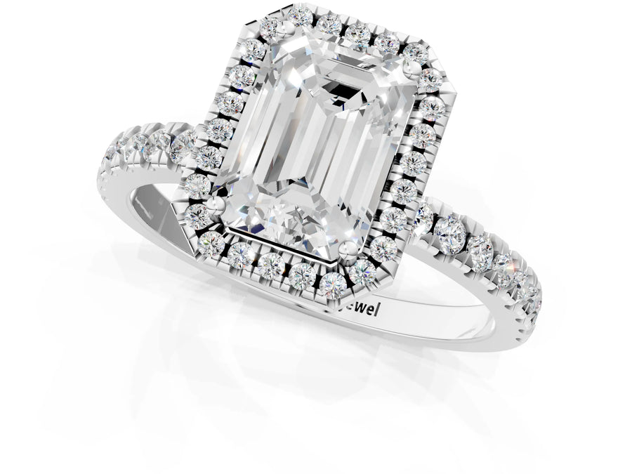 White gold Emerald Cut Halo Diamond Pave Band with Prong Setting