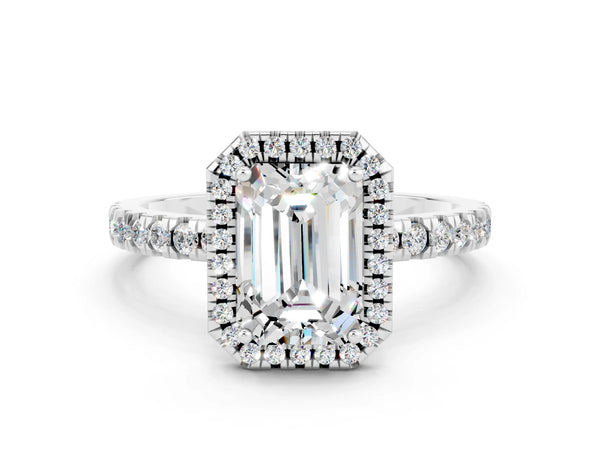 Silver Emerald Cut Moissanite Classic Halo Engagement Ring with Round Pavé Band and Prong Setting