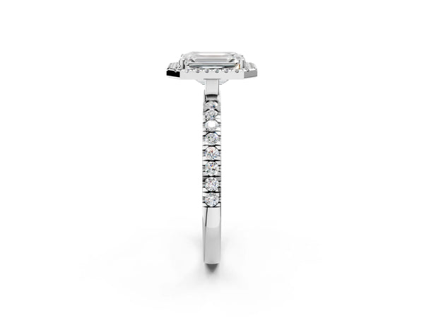 White gold Emerald Cut Halo Diamond Pave Band with Prong Setting