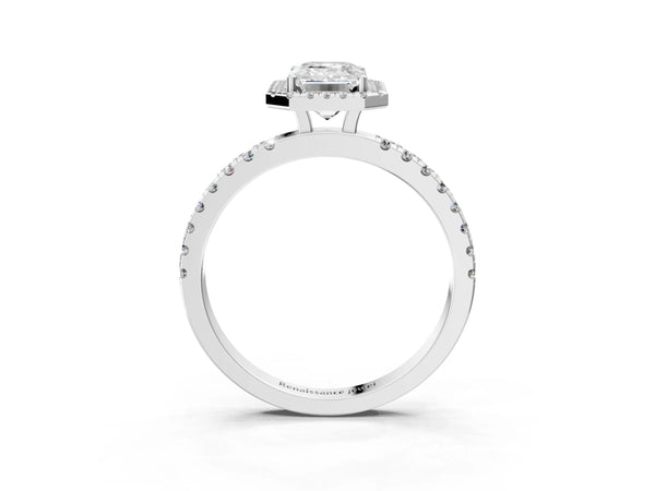 White gold Emerald Cut Halo Diamond Pave Band with Prong Setting