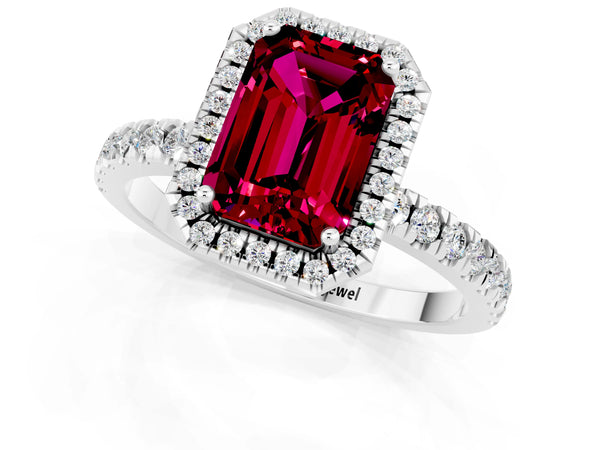 Silver Emerald Cut Garnet Classic Halo Engagement Ring with Round Pavé Band and Prong Setting