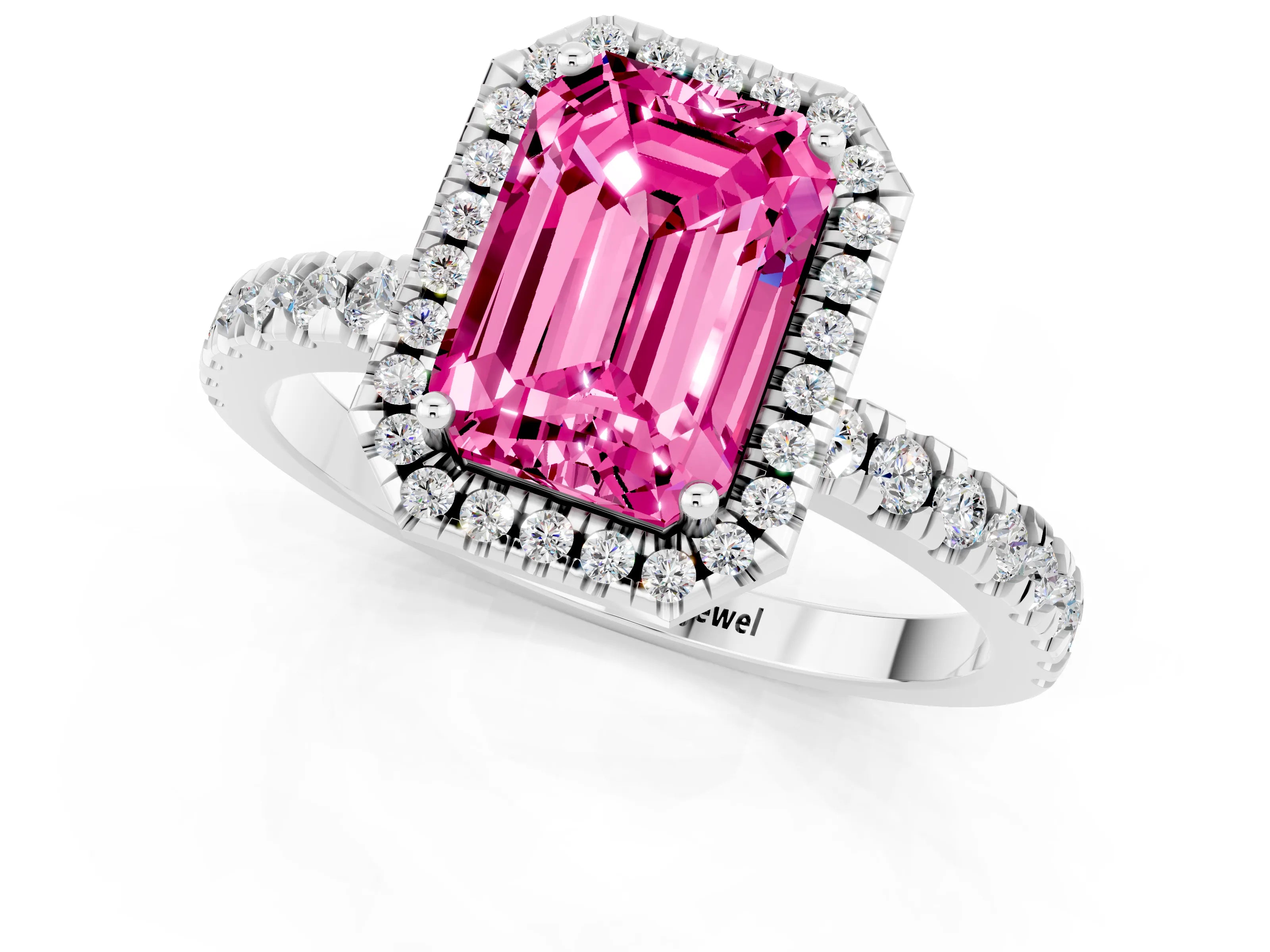 White gold Emerald Cut Halo Diamond Pave Band with Prong Setting_1