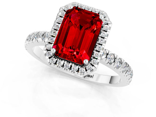 Silver Emerald Cut Halo Diamond Pave Band with Prong Setting
