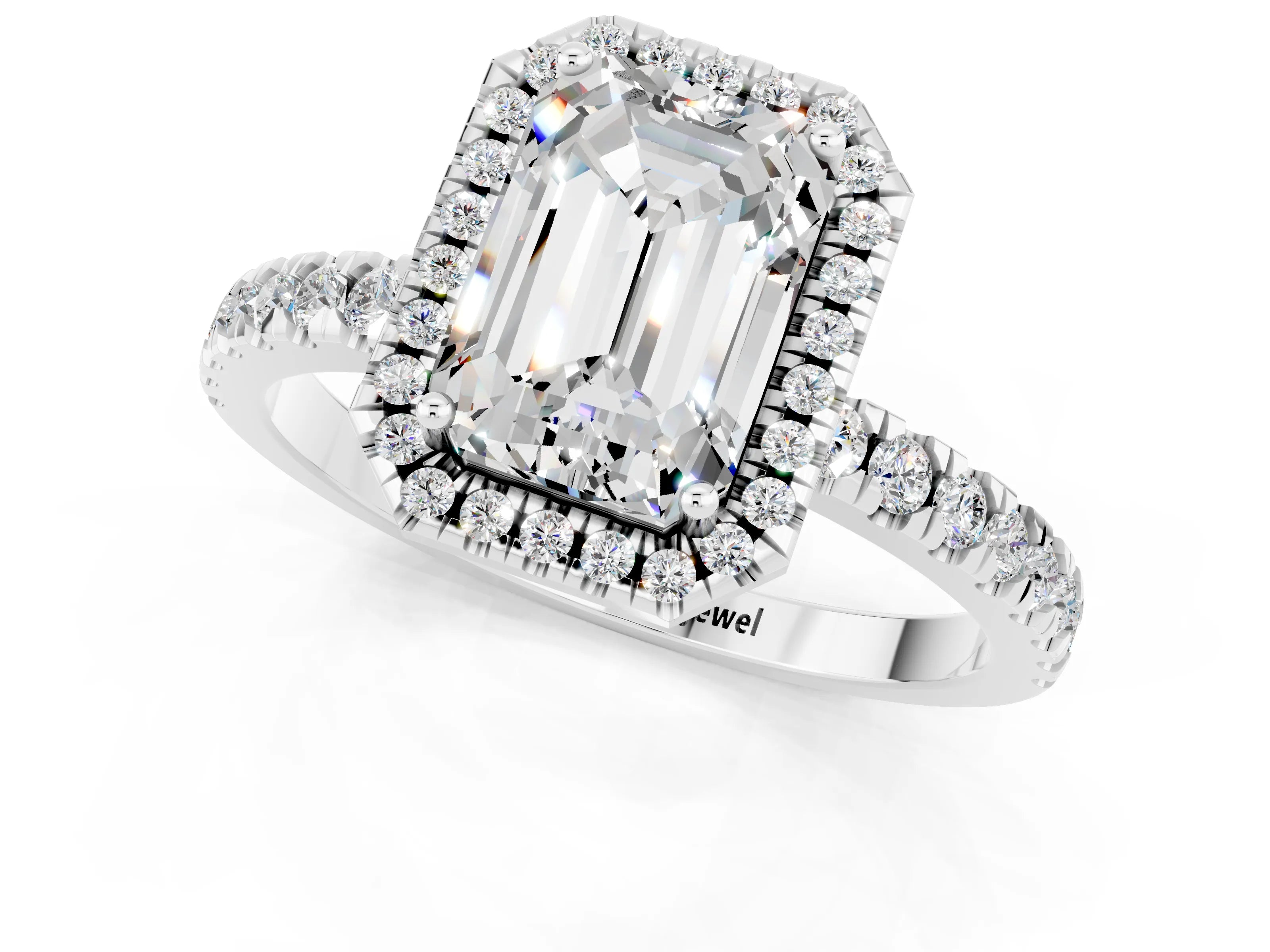 White gold Emerald Cut Halo Diamond Pave Band with Prong Setting_1
