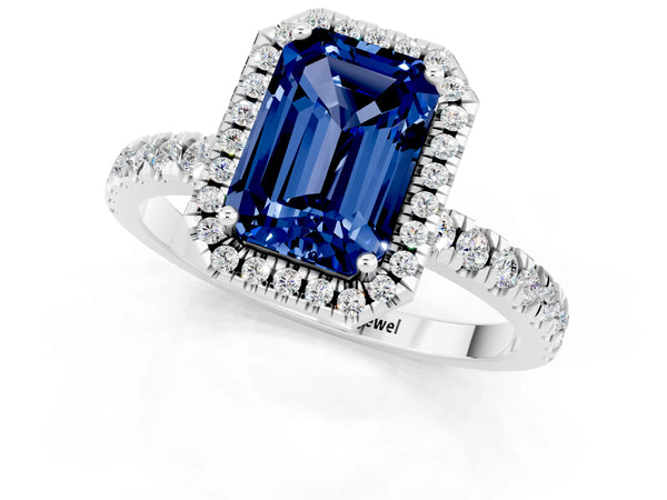 Platinum Emerald Cut Blue Sapphire Classic Halo Engagement Ring with Round Pavé Band and Prong Setting