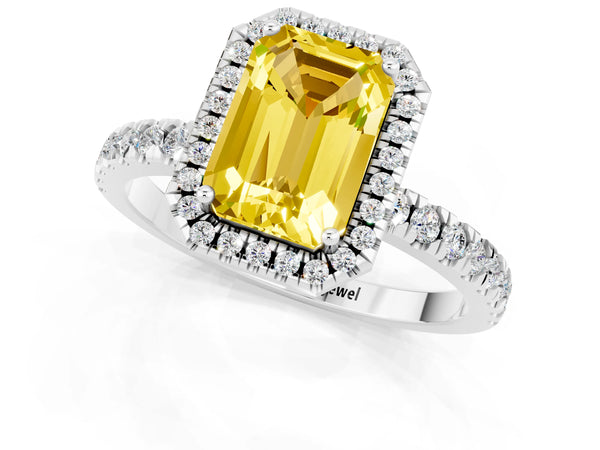 Platinum Emerald Cut Yellow Sapphire Classic Halo Engagement Ring with Round Pavé Band and Prong Setting
