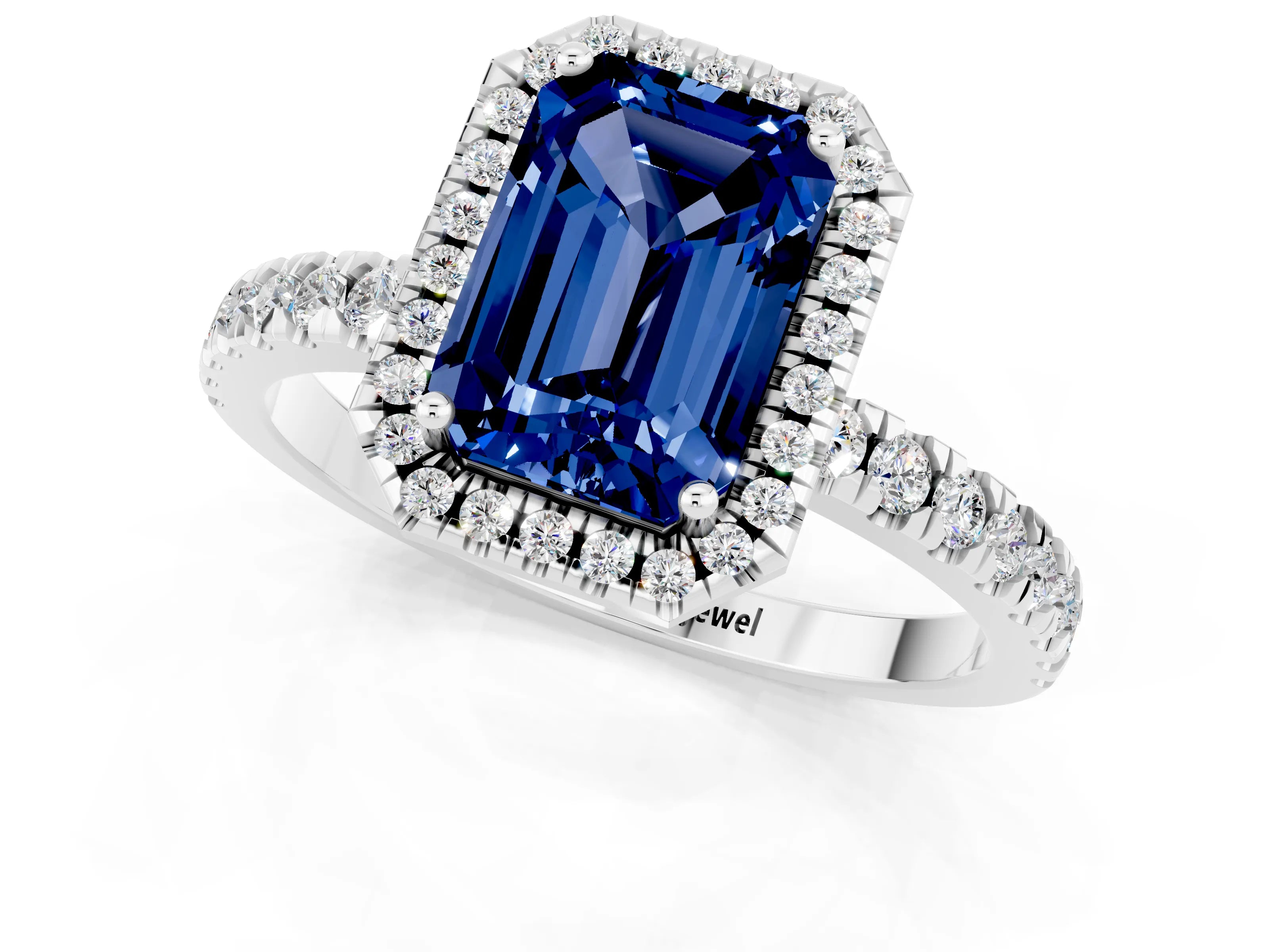 White gold Emerald Cut Halo Diamond Pave Band with Prong Setting_1