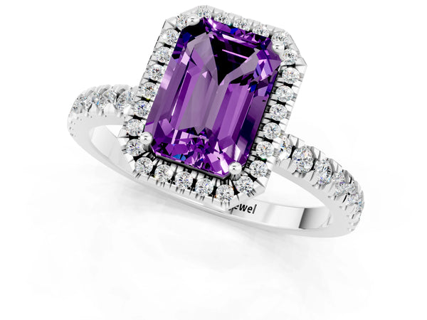 Platinum Emerald Cut Amethyst Classic Halo Engagement Ring with Round Pavé Band and Prong Setting