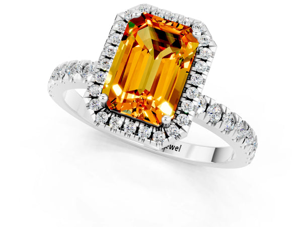 White gold Emerald Cut Citrine Classic Halo Engagement Ring with Round Pavé Band and Prong Setting