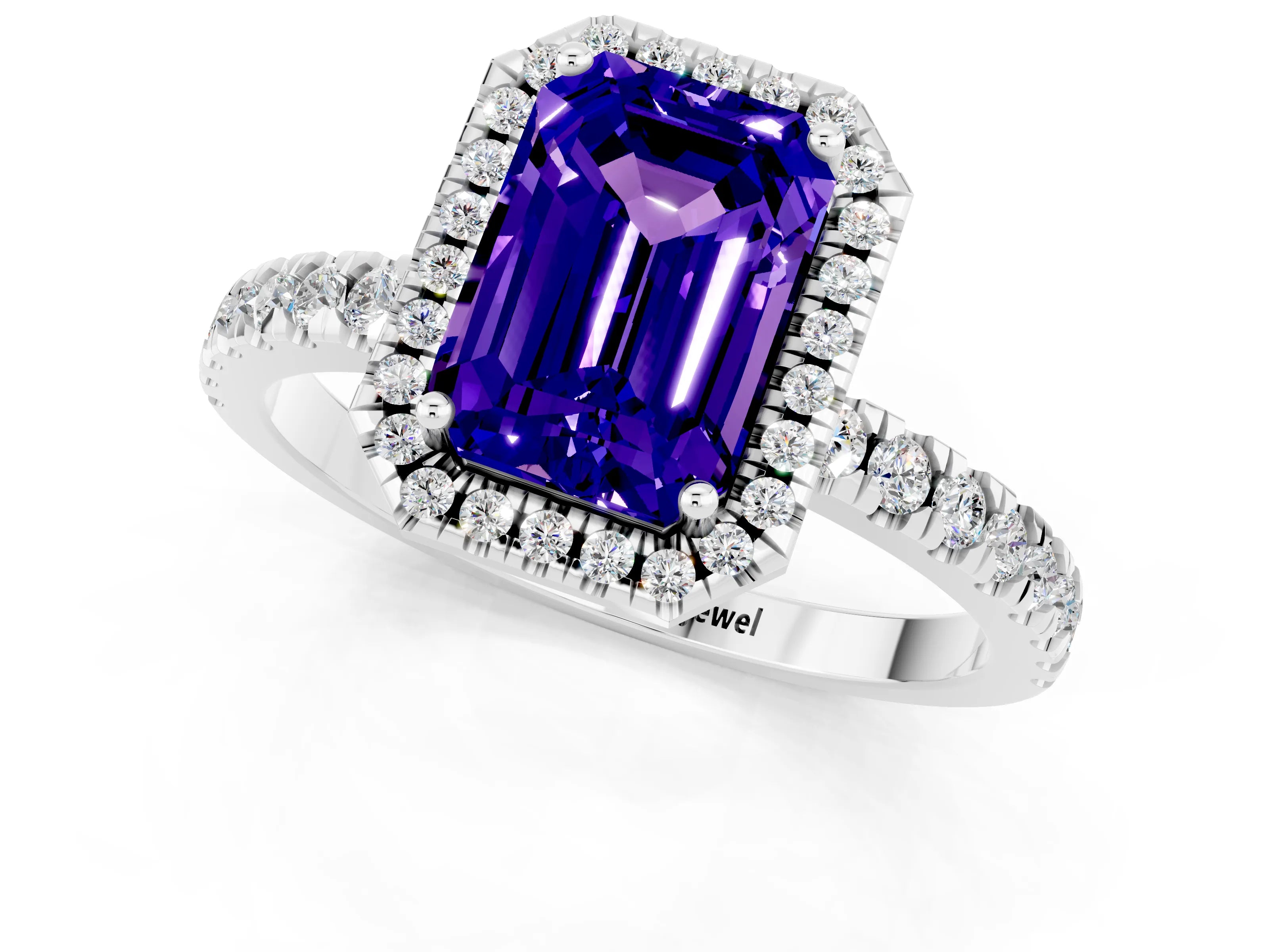 White gold Emerald Cut Halo Diamond Pave Band with Prong Setting_1