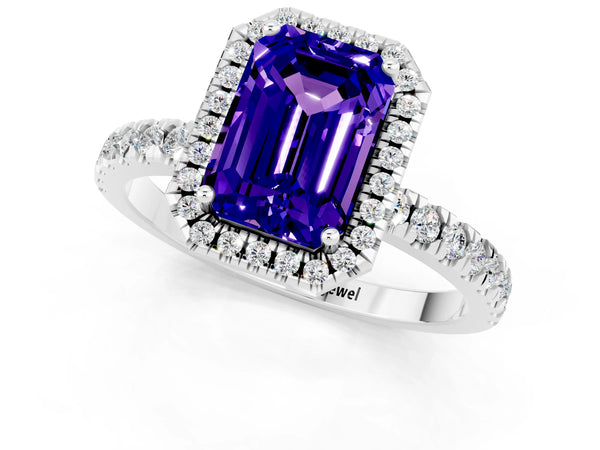 White gold Emerald Cut Tanzanite Classic Halo Engagement Ring with Round Pavé Band and Prong Setting