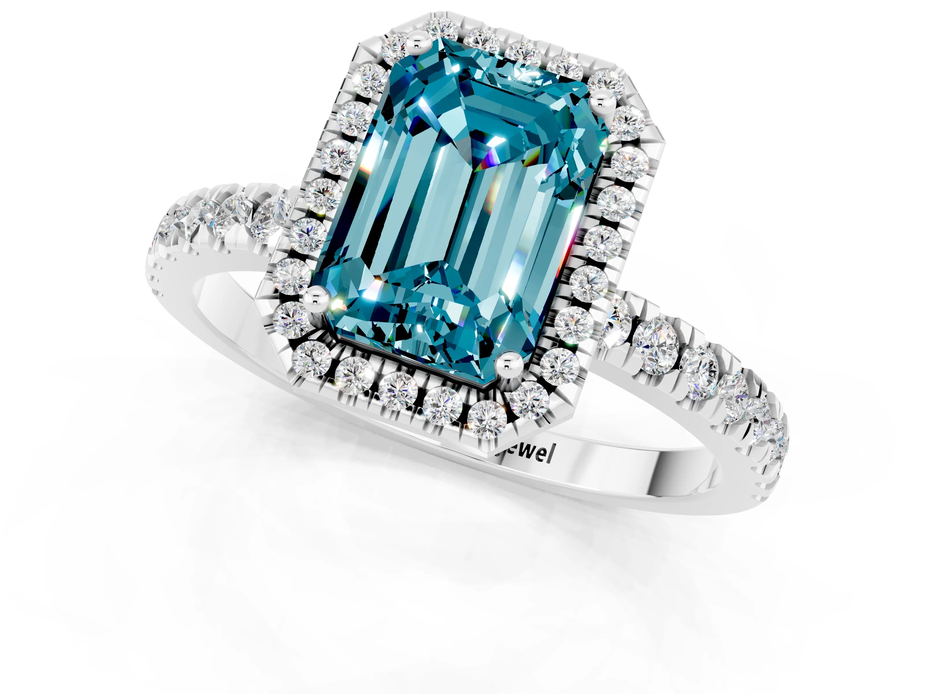 White gold Emerald Cut Halo Diamond Pave Band with Prong Setting_1
