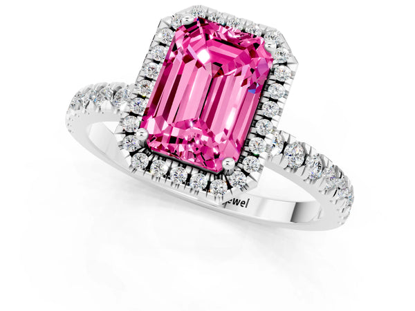 Platinum Emerald Cut Pink Sapphire Classic Halo Engagement Ring with Round Pavé Band and Prong Setting