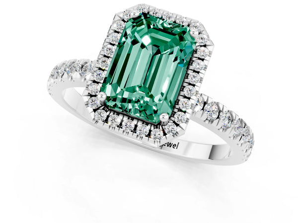 Platinum Emerald Cut Green Sapphire Classic Halo Engagement Ring with Round Pavé Band and Prong Setting