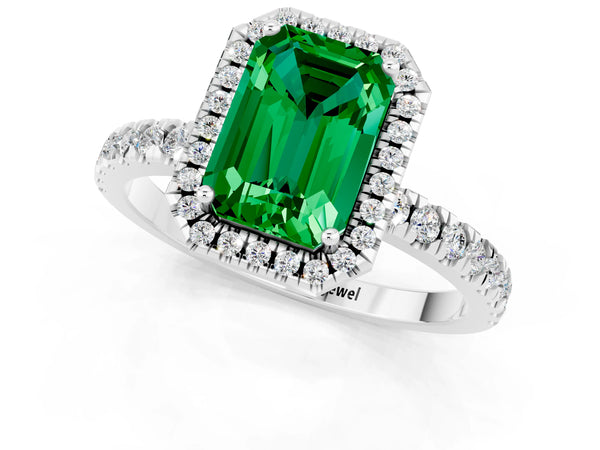 Silver Emerald Cut Emerald Classic Halo Engagement Ring with Round Pavé Band and Prong Setting