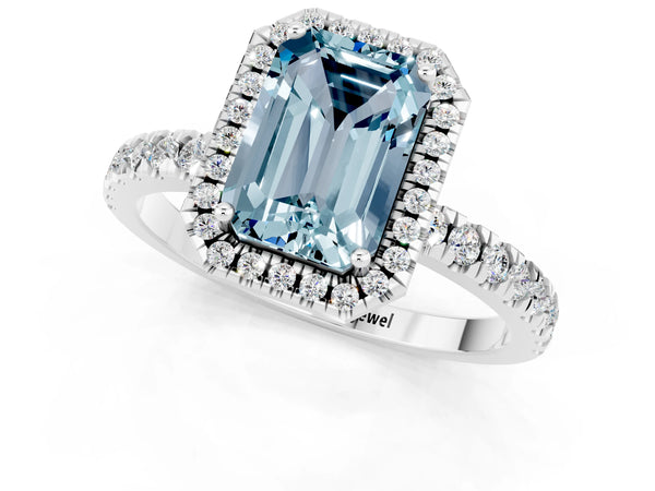 Silver Emerald Cut Aquamarine Classic Halo Engagement Ring with Round Pavé Band and Prong Setting