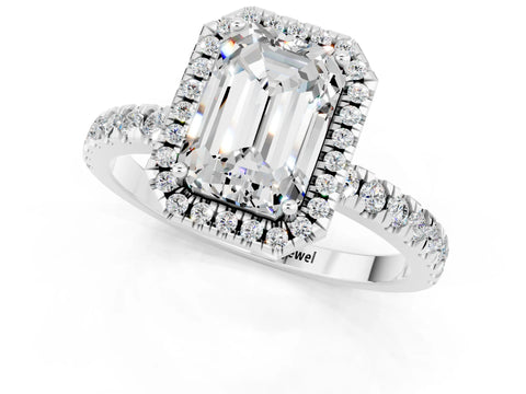 White gold Emerald Cut Halo Diamond Pave Band with Prong Setting_1