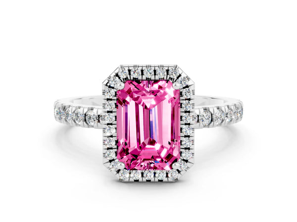 Platinum Emerald Cut Pink Sapphire Classic Halo Engagement Ring with Round Pavé Band and Prong Setting