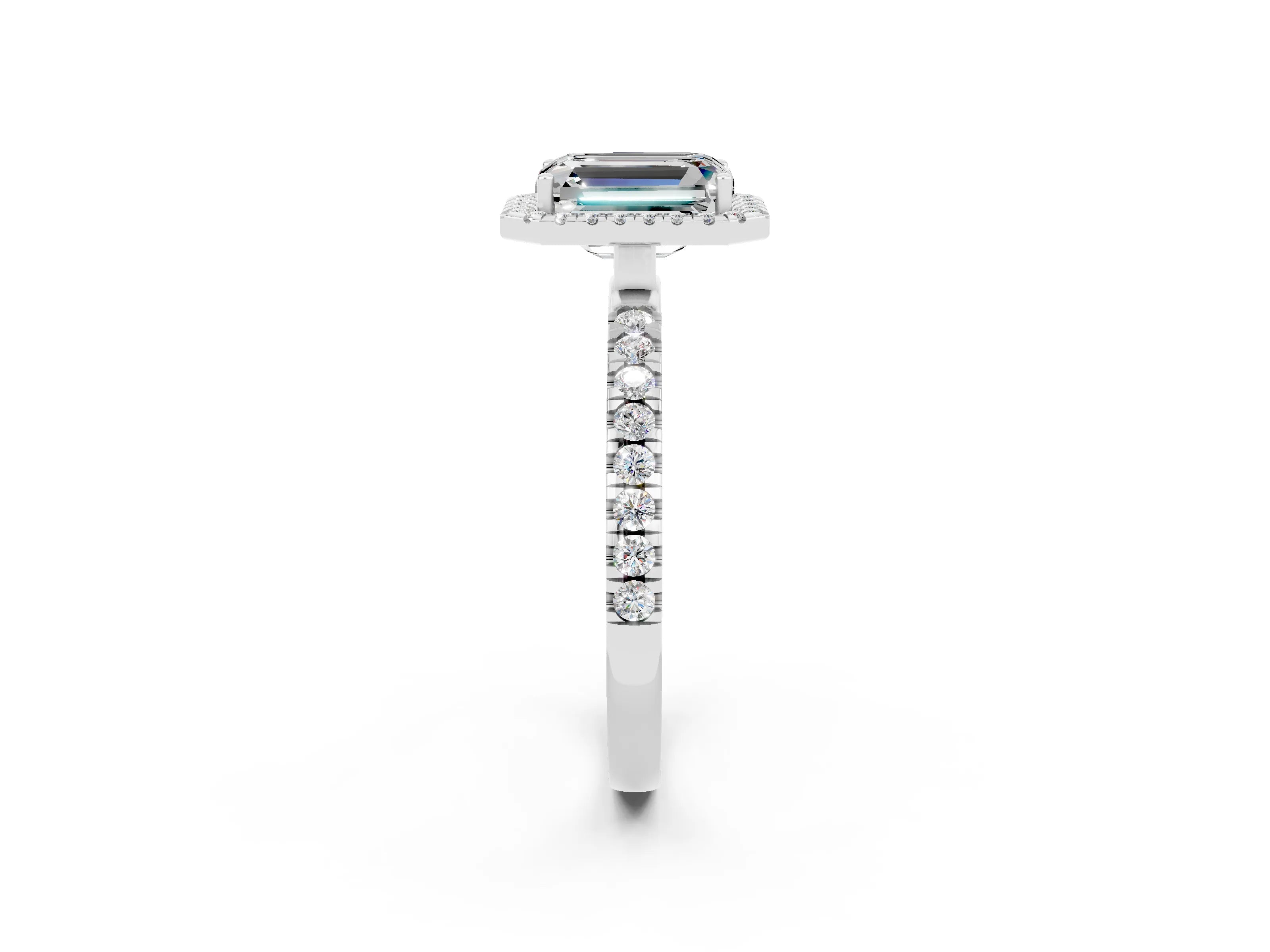 White gold Emerald Cut Halo Diamond Pave Band with Prong Setting_2