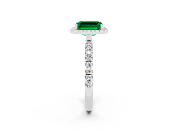 Platinum Emerald Cut Emerald Classic Halo Engagement Ring with Round Pavé Band and Prong Setting