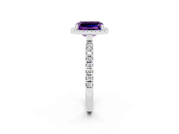 Silver Emerald Cut Amethyst Classic Halo Engagement Ring with Round Pavé Band and Prong Setting