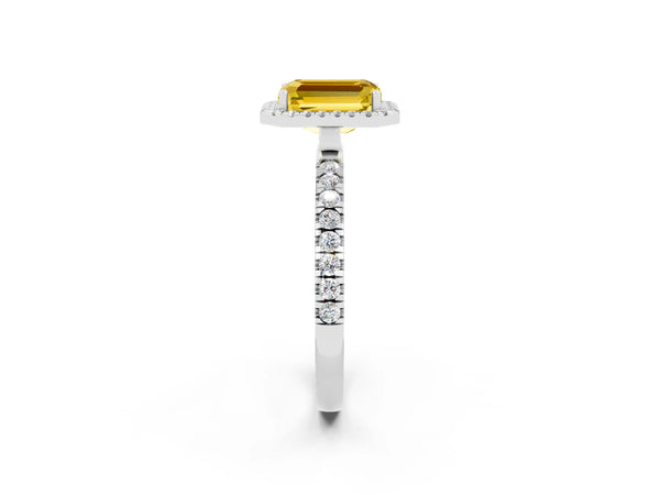 White gold Emerald Cut Yellow Sapphire Classic Halo Engagement Ring with Round Pavé Band and Prong Setting