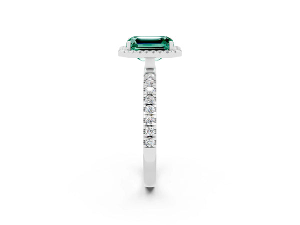 Platinum Emerald Cut Green Sapphire Classic Halo Engagement Ring with Round Pavé Band and Prong Setting