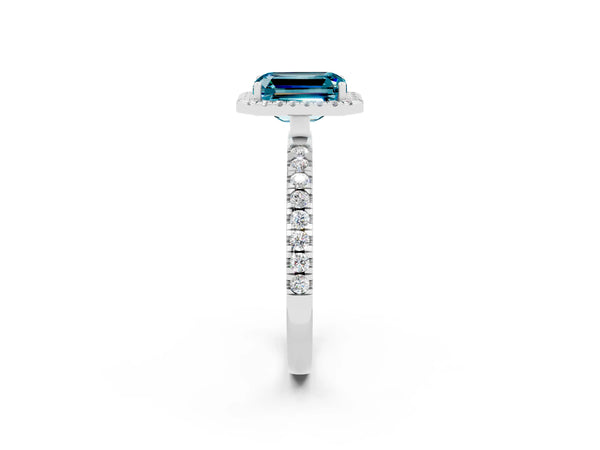 Silver Emerald Cut Halo Diamond Pave Band with Prong Setting