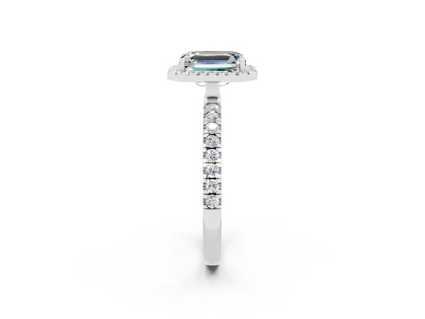 White gold Emerald Cut Moissanite Classic Halo Engagement Ring with Round Pavé Band and Prong Setting
