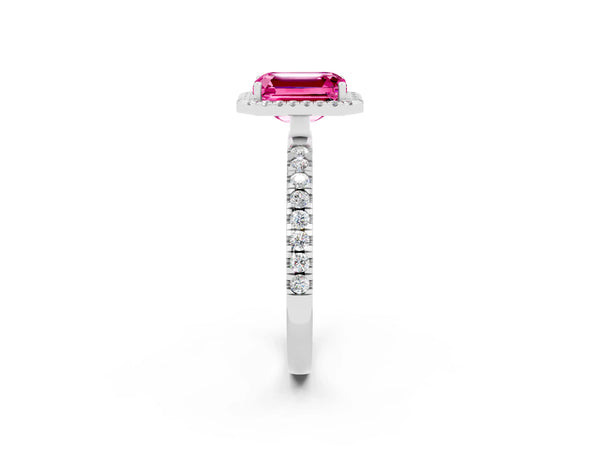 Platinum Emerald Cut Pink Sapphire Classic Halo Engagement Ring with Round Pavé Band and Prong Setting