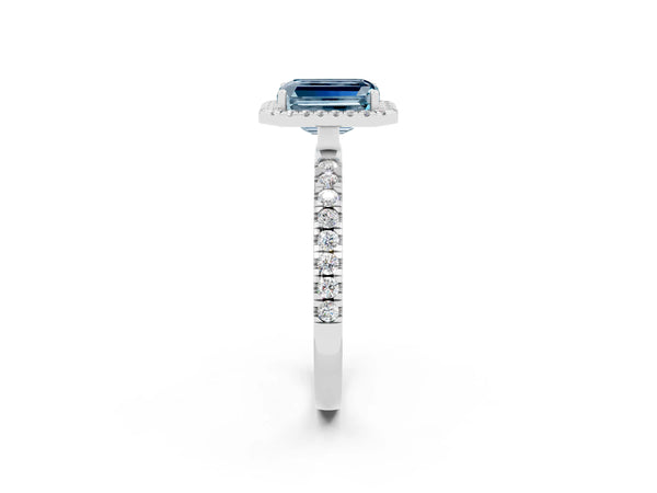 Silver Emerald Cut Aquamarine Classic Halo Engagement Ring with Round Pavé Band and Prong Setting