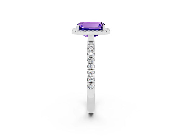 White gold Emerald Cut Tanzanite Classic Halo Engagement Ring with Round Pavé Band and Prong Setting