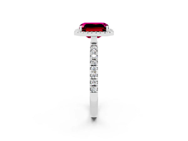 Silver Emerald Cut Garnet Classic Halo Engagement Ring with Round Pavé Band and Prong Setting
