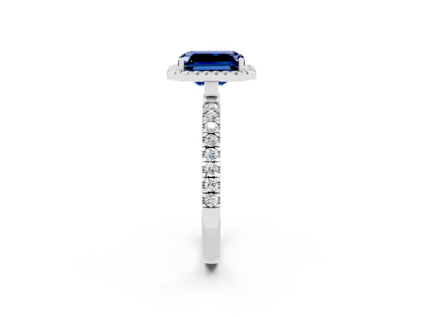 Silver Emerald Cut Blue Sapphire Classic Halo Engagement Ring with Round Pavé Band and Prong Setting