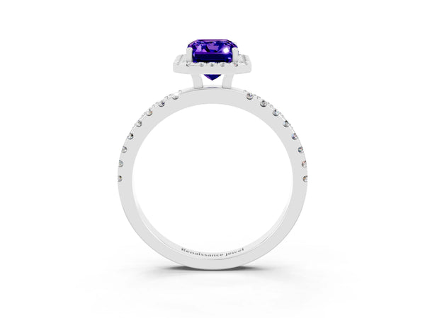 White gold Emerald Cut Tanzanite Classic Halo Engagement Ring with Round Pavé Band and Prong Setting