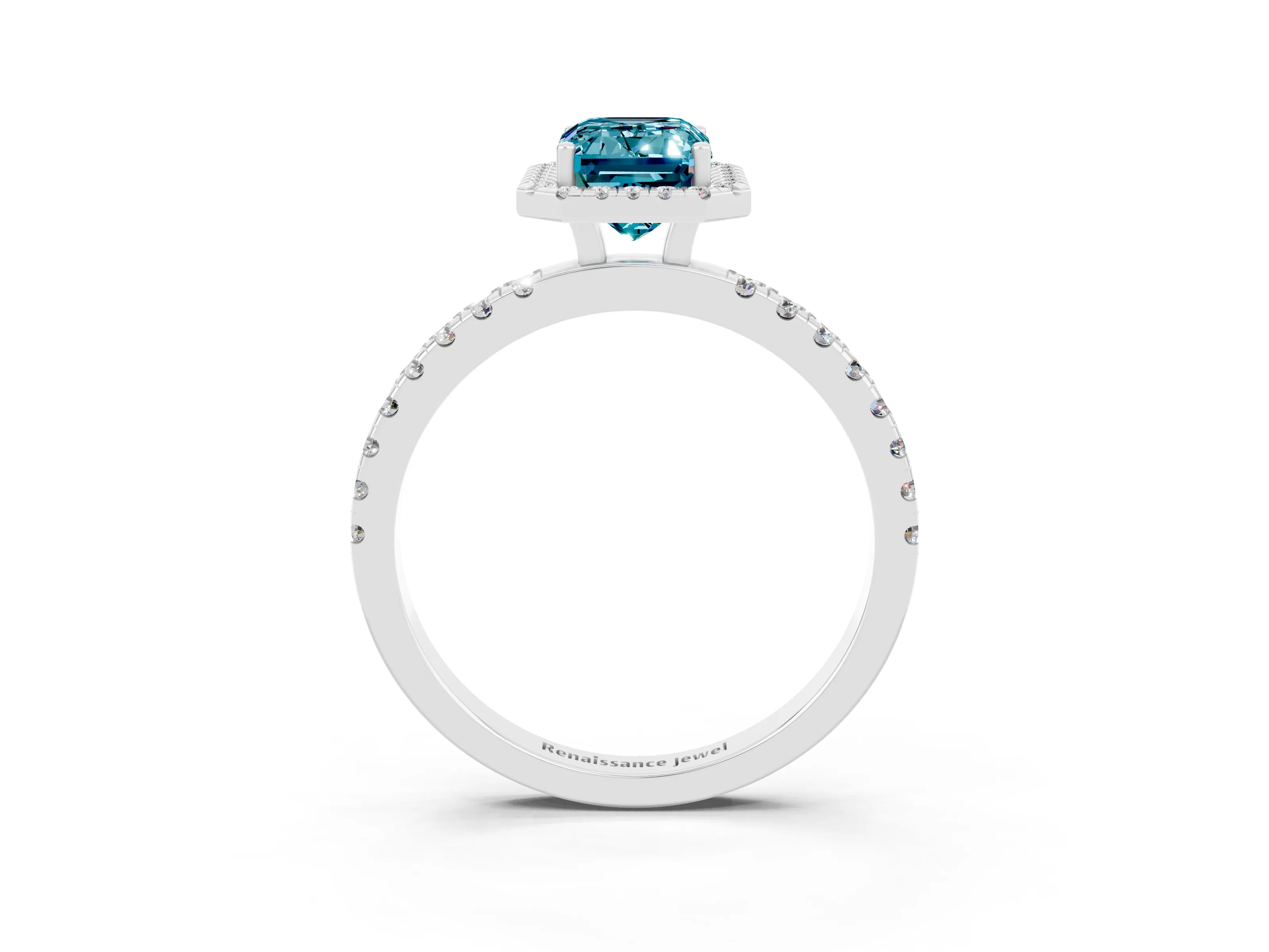 White gold Emerald Cut Halo Diamond Pave Band with Prong Setting_3