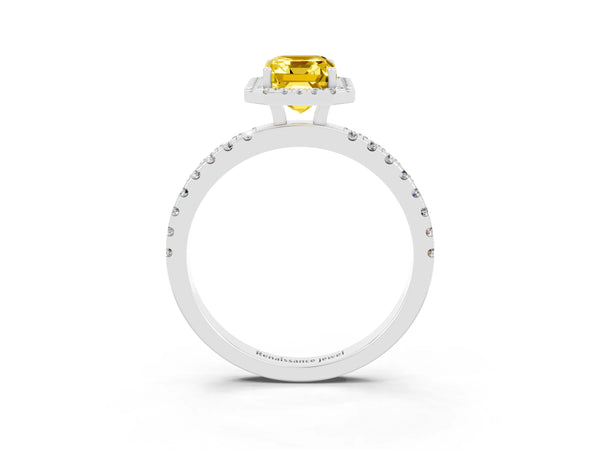 White gold Emerald Cut Yellow Sapphire Classic Halo Engagement Ring with Round Pavé Band and Prong Setting