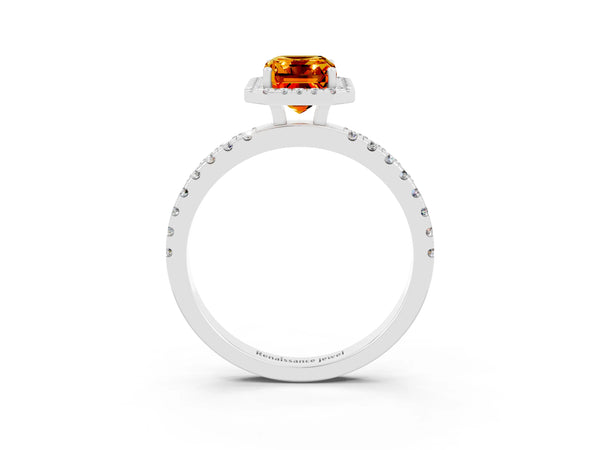 Platinum Emerald Cut Citrine Classic Halo Engagement Ring with Round Pavé Band and Prong Setting