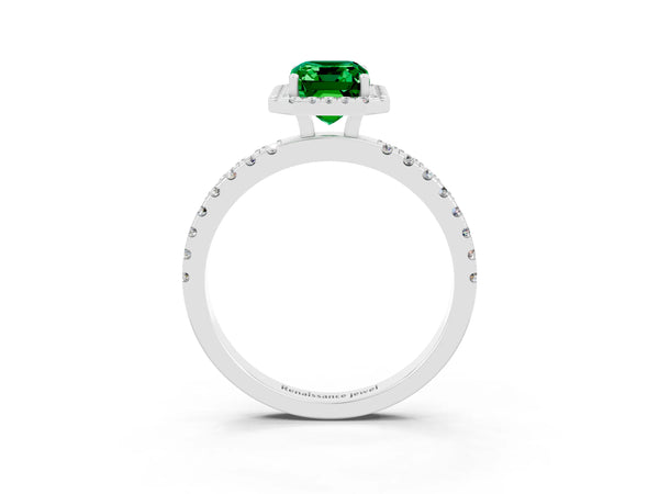 White gold Emerald Cut Emerald Classic Halo Engagement Ring with Round Pavé Band and Prong Setting